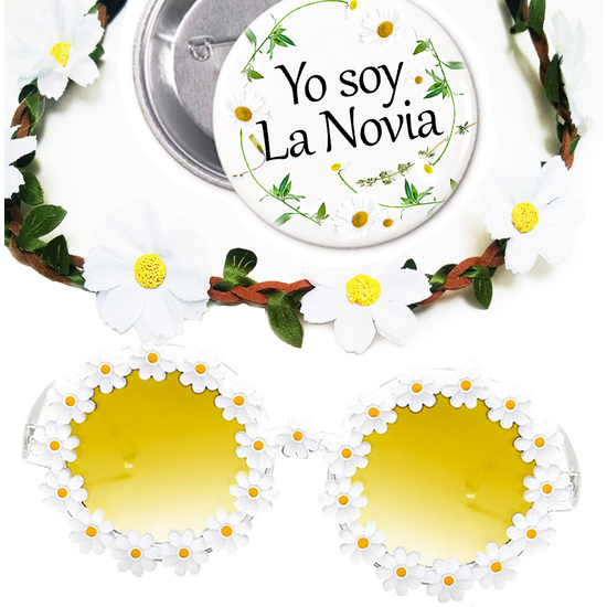 KIT FLOWER POWER GAFAS CORONA MARGARITAS CHAPA YO SOY LA NOVIA image 0