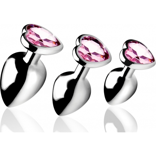 PINK HEART GEM ANAL PLUG SET - 3 PIECES - SILVER image 0