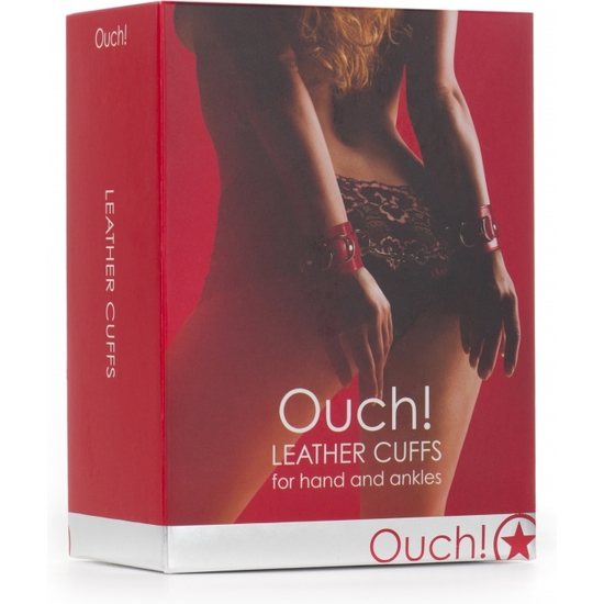OUCH LEATHER CUFFS FOR HAND AND ANKLES RED image 1