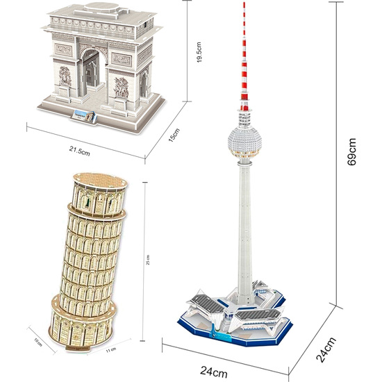 SET 3 PUZZLES 3D - MODELOS ARCO DE TRIUNFO/TORRE DE PISA/TORRE TV BERLÍN  image 0