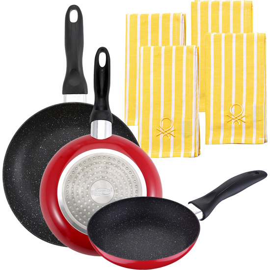 PACK DE 3 SARTENES SAN IGNACIO Ø16CM Ø20CM Ø24CM + SET DE 4 PAÑOS DE COCINA COLOR AMARILLO image 0