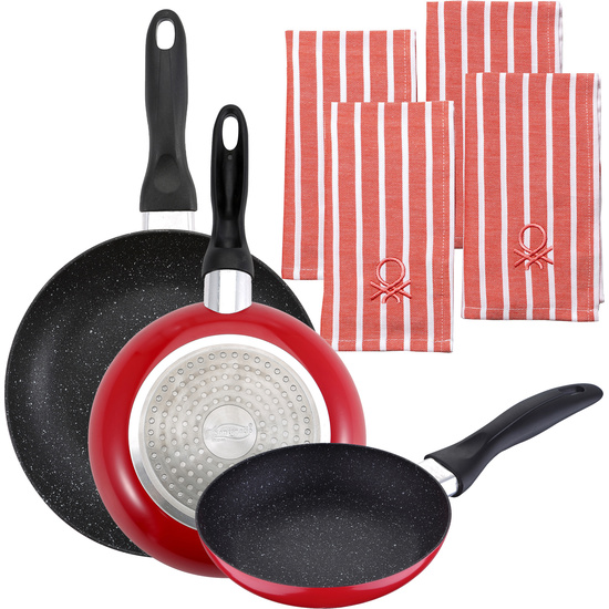 PACK DE 3 SARTENES SAN IGNACIO Ø16CM Ø20CM Ø24CM + SET DE 4 PAÑOS DE COCINA COLOR ROJO image 0