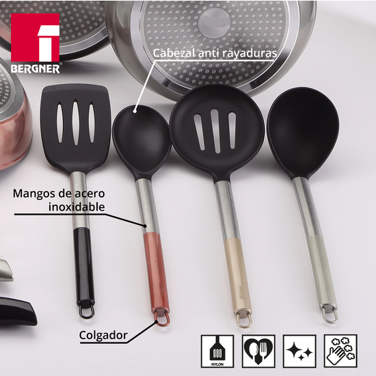 PACK DE 3 SARTENES SAN IGNACIO Ø16CM Ø20CM Ø24CM + SET DE 4PC DE UTENSILIOS DE COCINA EN NYLON image 4