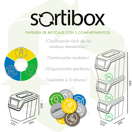 JUEGO DE 3 CUBOS DE RECICLAJE- 60 LITROS DE COMPARTIMENTO -GRIS image 3