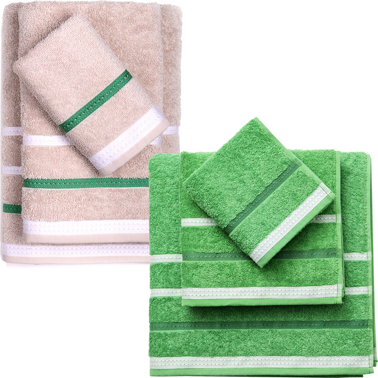 PACK DE 2 SET DE 3 TOALLAS DE BAÑO CADA UNO EN COLOR VERDE Y BEIGE A RAYAS image 0