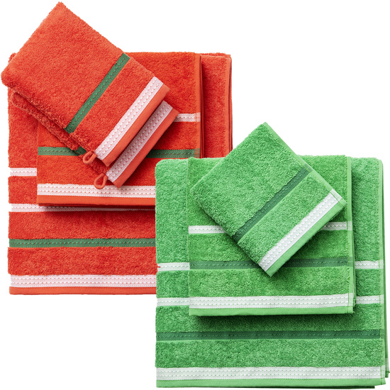 PACK DE 2 SET DE 3 Y 4 TOALLAS DE BAÑO CADA UNO RESPECTIVAMENTE EN COLOR VERDE Y ROJO A RAYAS image 0