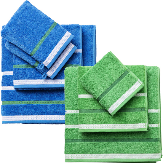 PACK DE 2 SET DE 3 Y 4 TOALLAS DE BAÑO CADA UNO RESPECTIVAMENTE EN COLOR VERDE Y AZUL A RAYAS image 0