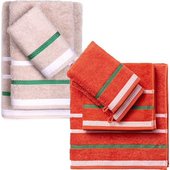 PACK DE 2 SET DE 3 Y 4 TOALLAS DE BAÑO CADA UNO RESPECTIVAMENTE EN COLOR BEIGE Y ROJO A RAYAS image 0