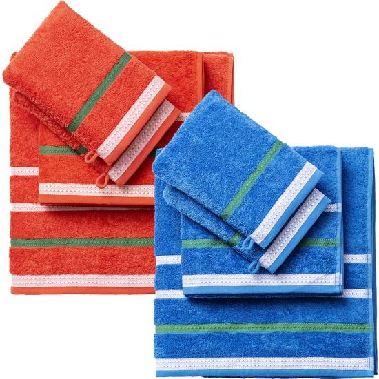 PACK DE 2 SET DE 4PC TOALLAS DE BAÑO CADA UNO EN COLOR ROJO Y AZUL A RAYAS image 0