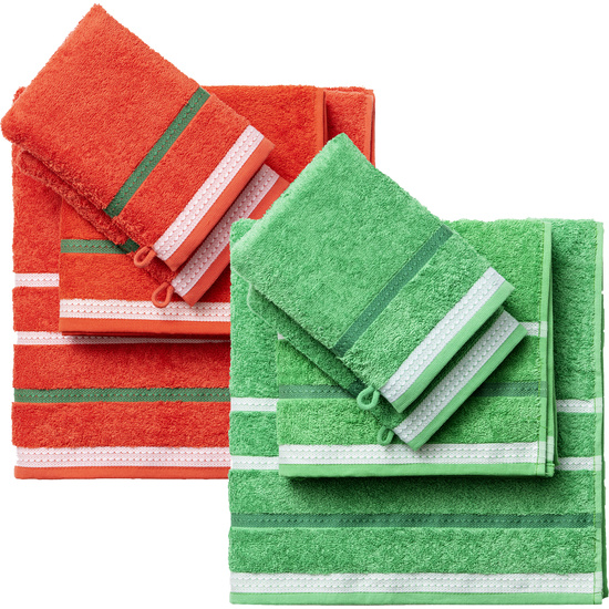 PACK DE 2 SET DE 4PC TOALLAS DE BAÑO CADA UNO EN COLOR ROJO Y VERDE A RAYAS image 0