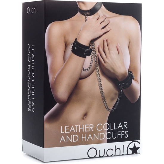 OUCH LEATHER COLLAR AND HANDCUFFS BLACK image 1