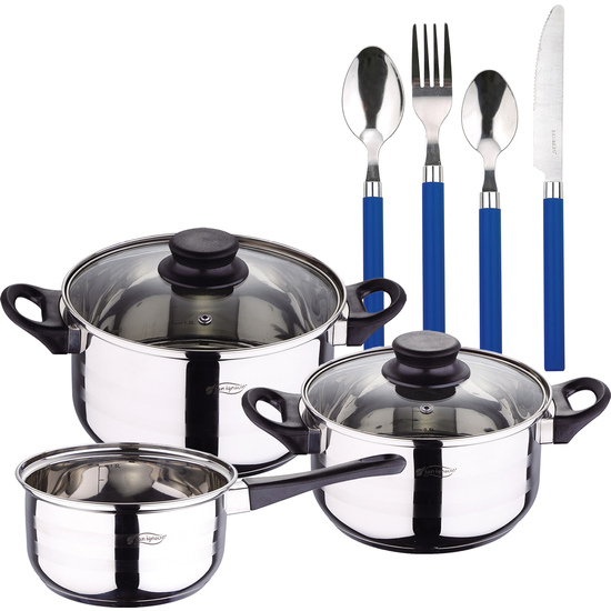 PACK BATERÍA DE COCINA 5 PIEZAS + SET CUCBERTERIA DE 24PC EN ACERO INOXIDABLE CON MANGOS AZULES image 0