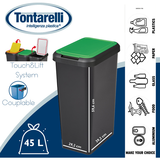 PAPELERA TOUCH&LIFT 45 LITROS COLOR NEGRO CON TAPA VERDE image 1