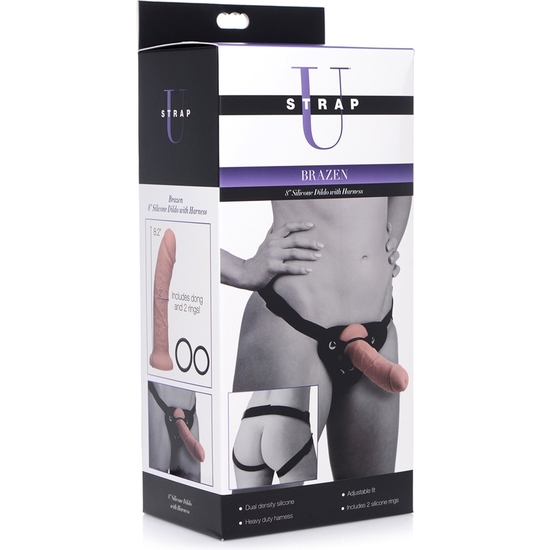 BRAZEN 8 SILICONE DILDO WITH HARNESS - FLESH image 1