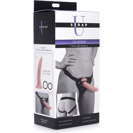 CHARMED 7.5 SILICONE DILDO WITH HARNESS - FLESH image 1