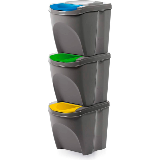 JUEGO DE 3 CUBOS DE RECICLAJE -75 LITROS DE COMPARTIMENTO- GRIS image 0