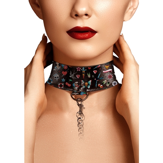 PRINTED COLLAR WITH LEASH - OLD SCHOOL TATTOO STYLE - BLACK image 0