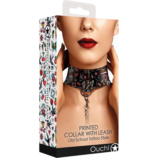 PRINTED COLLAR WITH LEASH - OLD SCHOOL TATTOO STYLE - BLACK image 1
