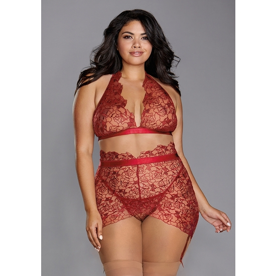 DELICATE FLORAL EMBROIDERY THREE-PIECE SET - GARNET image 0