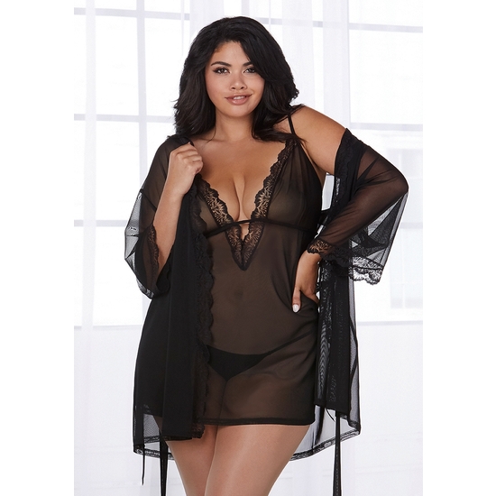 STRETCH MESH CHEMISE & ROBE SET - BLACK image 0