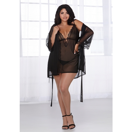 STRETCH MESH CHEMISE & ROBE SET - BLACK image 3