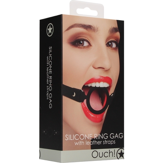 SILICONE RING GAG - WITH LEATHER STRAPS - BLACK image 1