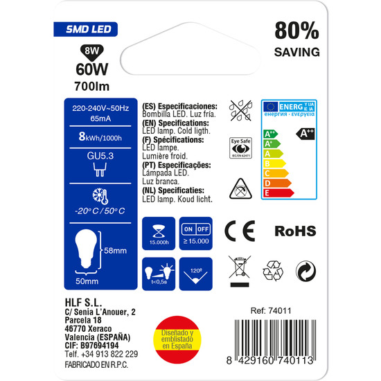 BOMBILLA LED SPOTLIGHT MR16 12V GU5.3 8W (=60W) 700LM 6000K 15000H image 1