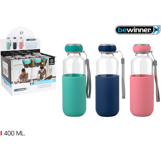 BOTELLA AGUA VIDRIO SILICONA 400 BEWIN image 0