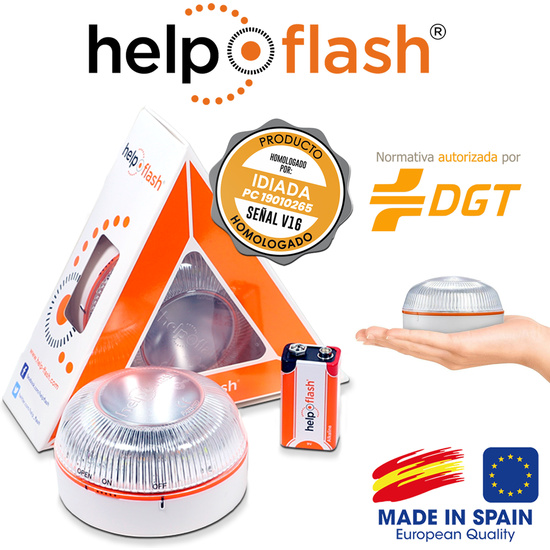 HELP FLASH - LUZ DE EMERGENCIA AUTÓNOMA, SEÑAL V16 DE PRESEÑALIZACIÓN DE PELIGRO Y LINTERNA, HOMOLOGADA, NORMATIVA DGT, V16, CON BASE IMANTADA, ACTIVACIÓN AUTOMÁTICA, HECHO EN ESPAÑA image 1