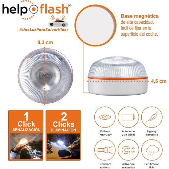 HELP FLASH - LUZ DE EMERGENCIA AUTÓNOMA, SEÑAL V16 DE PRESEÑALIZACIÓN DE PELIGRO Y LINTERNA, HOMOLOGADA, NORMATIVA DGT, V16, CON BASE IMANTADA, ACTIVACIÓN AUTOMÁTICA, HECHO EN ESPAÑA image 2