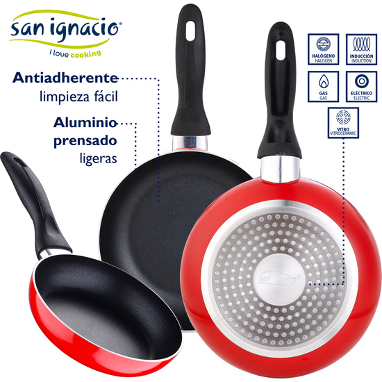 JUEGO DE 3 SARTENES 16 - 20 - 24 CM, ROJO, Y TAPA UNIVERSAL EN ROJO, ALUMINIO PRENSADO, INDUCCIÓN image 2