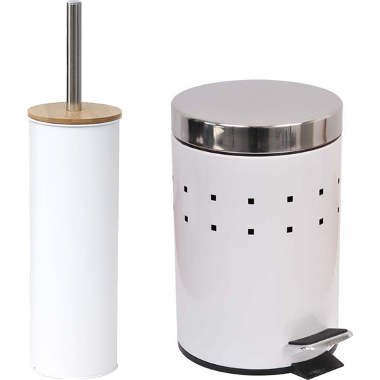 SET DE 2 PIEZAS DE BAÑO, UN CUBO CON PEDAL Y UN ESCOBILLERO, EN COLOR BLANCO Y HECHOS EN METAL. image 0