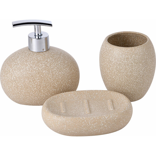 SET 3PC ACCESORIOS DE BAÑO (VASO + DISPENSADOR DE JABÓN + BOTE PARA ALGODONES + PLATO PARA JABÓN) CERÁMICA BEIGE TEVERE BE image 0