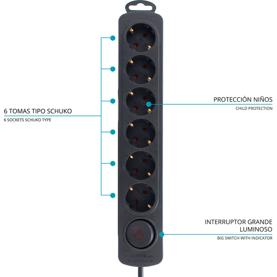 BASE MÚLTIPLE 6 TOMAS INTERRUPTOR NEGRO image 1
