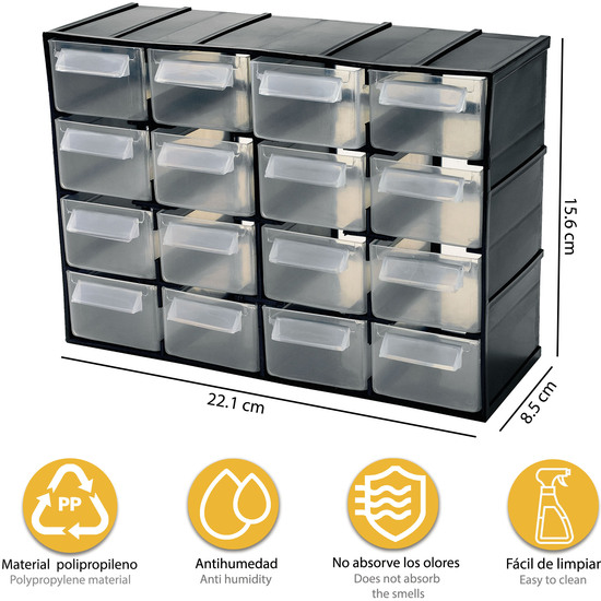 UNIDAD DE ALMACENAMIENTO EN PLÁSTICO L 221 X P 85 X H 156 MM CON 16 CAJONES TRANSPARENTES image 1