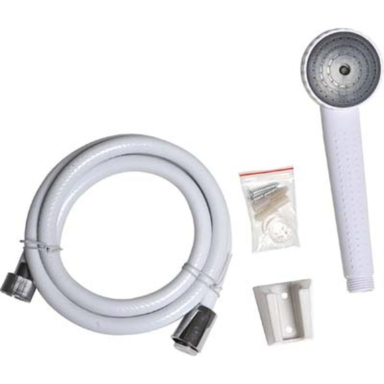 CONJUNTO DE 1 ALCACHOFA DE DUCHA 1 FUNCION EN PVC + 1 TUBO FLEXIBLE PVC 150 CM - BLANCO image 0