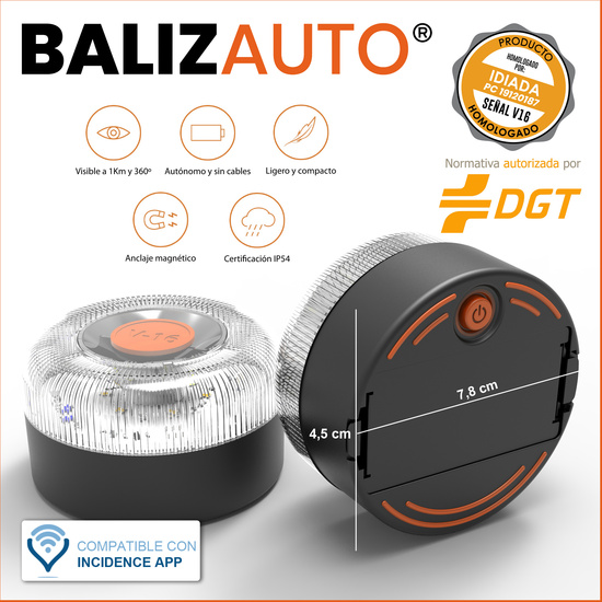 4X BALIZAUTO - LUZ DE EMERGENCIA, SEÑAL V16 DE PRESEÑALIZACIÓN DE PELIGRO, HOMOLOGADA, NORMATIVA DGT, V16, CON BASE IMANTADA, HECHO EN ESPAÑA image 1