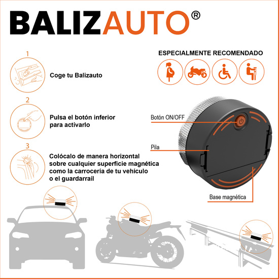 4X BALIZAUTO - LUZ DE EMERGENCIA, SEÑAL V16 DE PRESEÑALIZACIÓN DE PELIGRO, HOMOLOGADA, NORMATIVA DGT, V16, CON BASE IMANTADA, HECHO EN ESPAÑA image 2