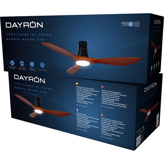 VENTILADOR TECHO DAKOTA 55W MOTOR DC 153MM CON LUZ LED 18W NEGRO/MADERA OSCURA DAYRON image 6