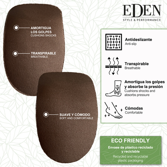 EDEN 2 ALZADORES ECOPIEL ANTISHOCK 
AUMENTAN UNOS CENTÍMETROS LA ESTATURA
DISMINUYE EL IMPACTO AL CAMINAR, TROTAR, CORRER O SIMPLEMENTE SUBIR O BAJAR image 1
