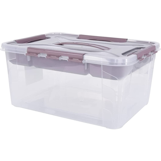 CAJA DE ALMACENAJE CON TAPA CON ASA, INCLUYE BANDEJA ORGANIZADORA, 39 X 29 X 18 CM, 15,3 L, HUBERT+HILDA, TRANSPARENTE/TAUPE (GRIS) image 0