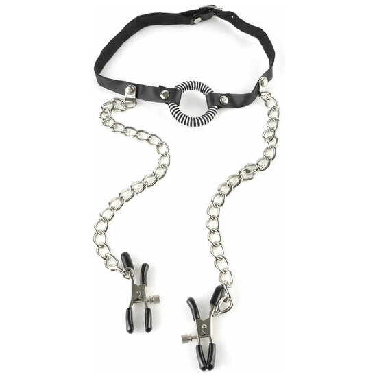 FETISH FANTASY O-RING GAG WITH NIPPLE CLAMPS image 0