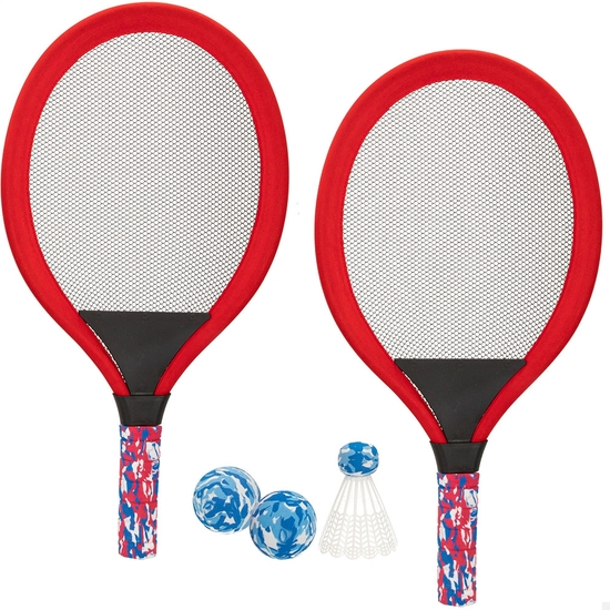 SET 2 RAQUETAS TENNIS Y BADMINTONG CON PELOTAS Y PLUMA 49 CM image 0