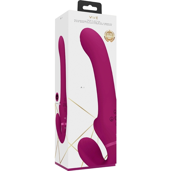 VIVE AI - DUAL VIBRATING & AIR WAVE TICKLER STRAPLESS STRAPON - PINK image 1