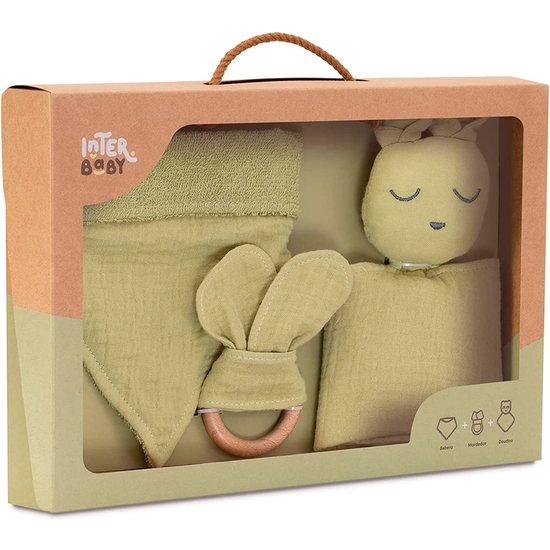 SET REGALO MUSELINA CON DOUDOU, BABERO Y MORDEDOR VERDE image 0