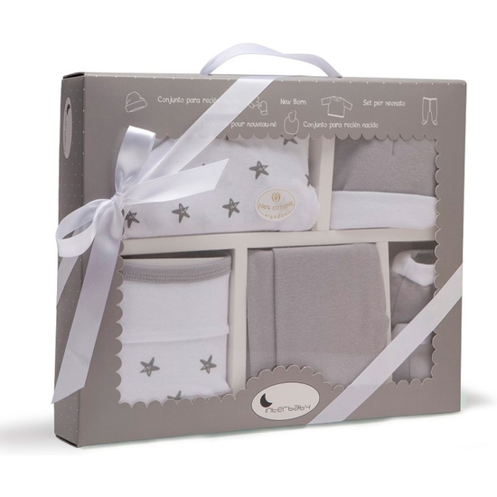 SET REGALO PRIMERA PUESTA BEBÉ GRIS ESTRELLAS 5 PIEZAS image 0