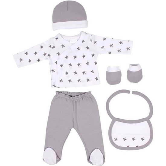 SET REGALO PRIMERA PUESTA BEBÉ GRIS ESTRELLAS 5 PIEZAS image 1