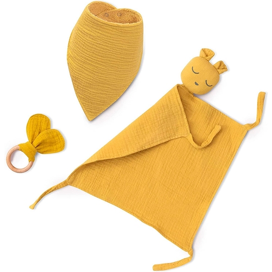 SET REGALO MUSELINA CON DOUDOU, BABERO Y MORDEDOR MOSTAZA image 1