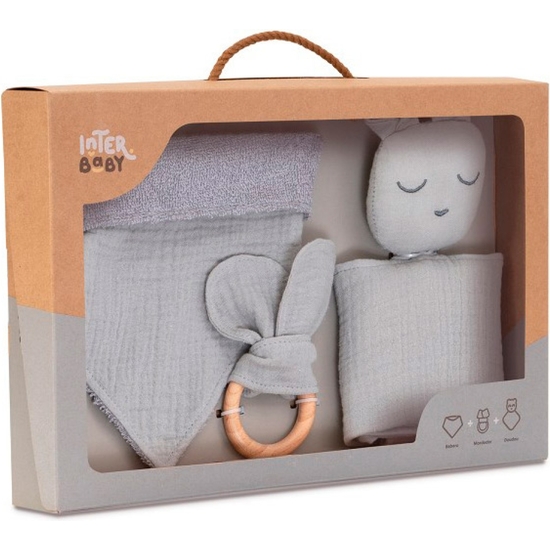SET REGALO MUSELINA CON DOUDOU, BABERO Y MORDEDOR GRIS image 0