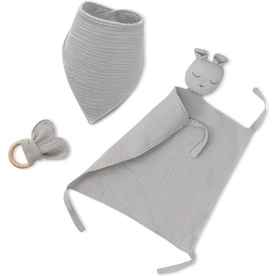 SET REGALO MUSELINA CON DOUDOU, BABERO Y MORDEDOR GRIS image 1